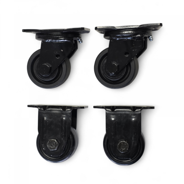 Schwerlast-Rollen-SET: 2x Lenk, 2x Bock, Rad 76 mm, Polyamid-Rad schwarz und Plattenbefestigung