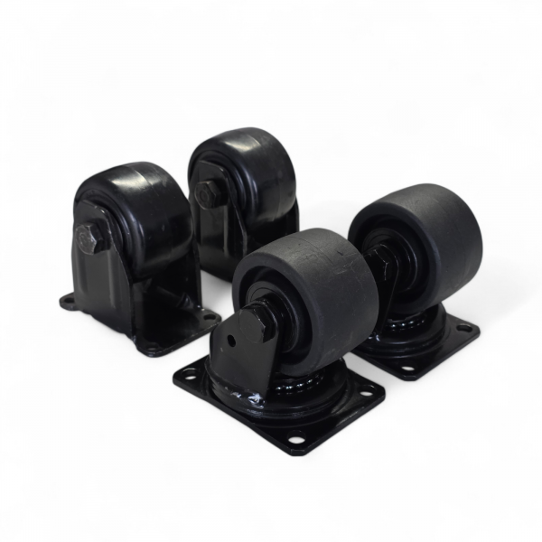 Schwerlast-Rollen-SET: 2x Lenk, 2x Bock, Rad 76 mm, Polyamid-Rad schwarz und Plattenbefestigung