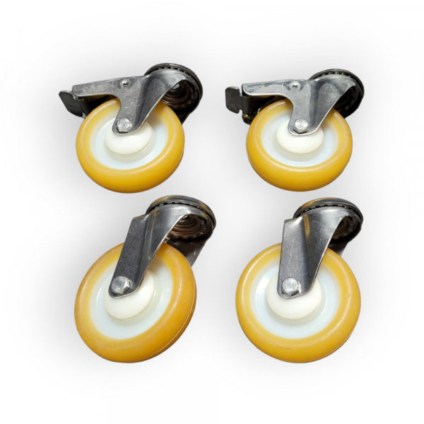 Edelstahl-Rollen-SET: 2x Lenk, 2x Feststeller, Rad 100 mm, PU-Rad gelb und Rückenlochbefestigung