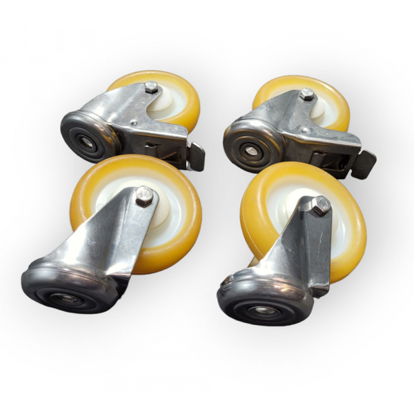 Edelstahl-Rollen-SET: 2x Lenk, 2x Feststeller, Rad 100 mm, PU-Rad gelb und Rückenlochbefestigung