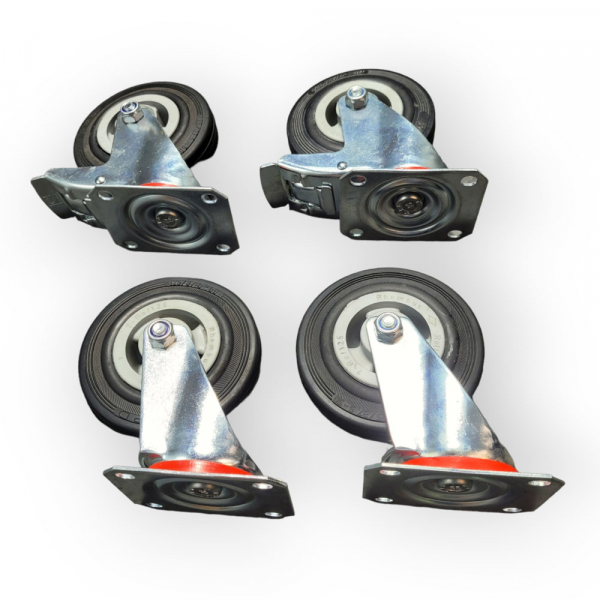 Schwerlast-Rollen-SET: 2x Lenk, 2x Feststeller, Rad 125 mm, Vollgummirad schwarz und Plattenbefestigung