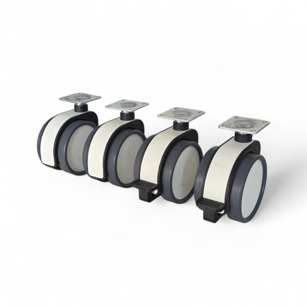Design-Möbelrollen-SET: 2x Lenk, 2x Feststeller, Rad 75 mm, 2x Polyurethan-Lauffläche grau und Plattenbefestigung