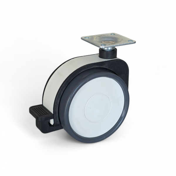 Design-Möbelrollen-SET: 2x Lenk, 2x Feststeller, Rad 75 mm, 2x Polyurethan-Lauffläche grau und Plattenbefestigung