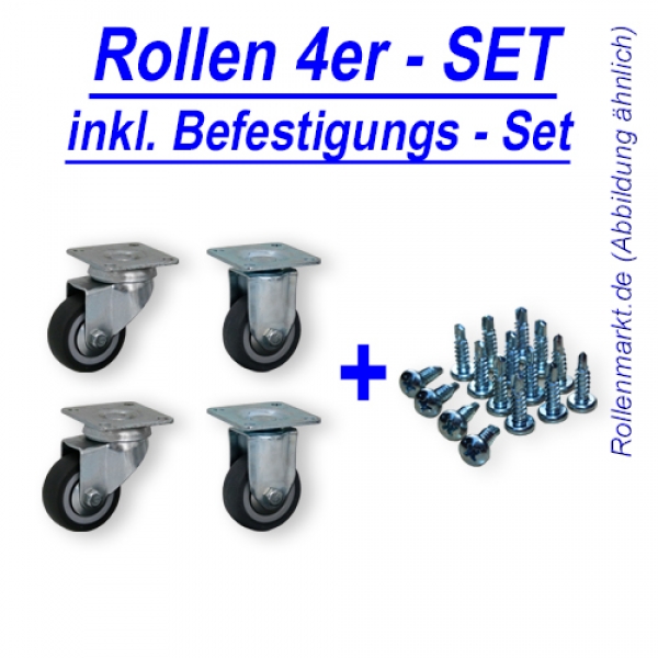 Rollen-Set: 2x Lenk-, 2x Bockrolle, Rad 50mm, Gleitlager und Plattenbefestigung