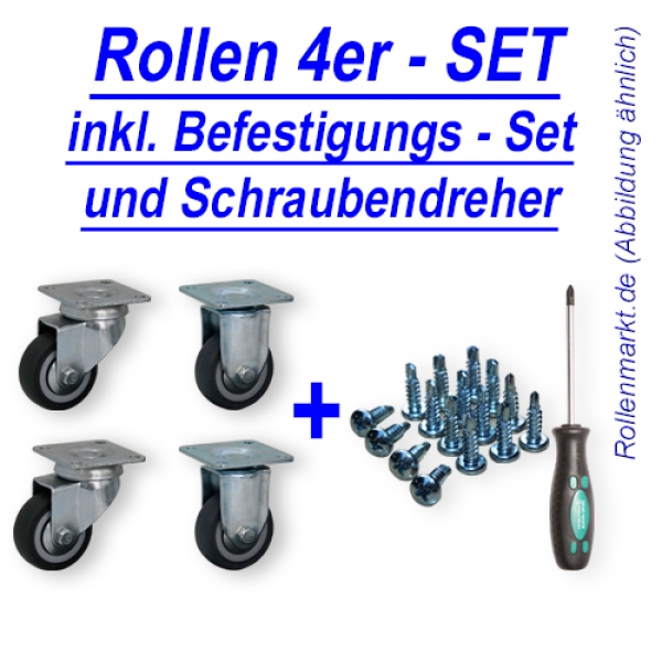 Rollen-Set: 2x Lenk-, 2x Bockrolle, Rad 50mm, Gleitlager und Plattenbefestigung