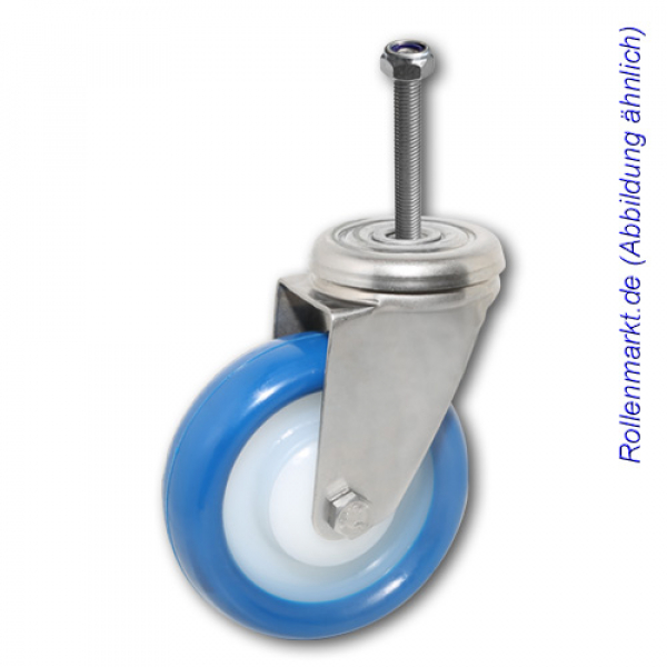 Edelstahl-Lenkrolle mit blauem Polyurethanrad 100 mm und Gewindebefestigung + Mutter M10