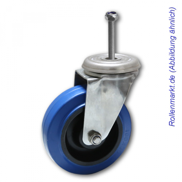 Edelstahl-Lenkrolle mit blauem Elastik - Vollgummirad 100 mm und Gewindebefestigung + Mutter M10
