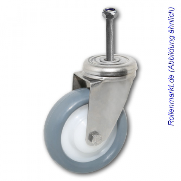 Edelstahl-Lenkrolle mit grauem TP-Gummirad 100 mm und Gewindebefestigung + Mutter M10