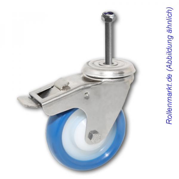 Edelstahl-Lenkrolle mit Totalstopp, blauem Polyurethanrad 100 mm und Gewindebefestigung + Mutter M10