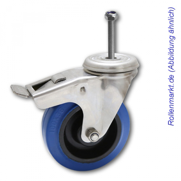 Edelstahl-Lenkrolle mit Totalstopp, blauem Elastik - Vollgummirad 100 mm und Gewindebefestigung + Mutter M10