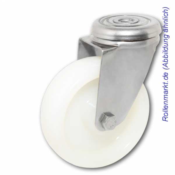 Edelstahl-Lenkrolle mit weißem Polyamidrad 100 mm und Rückenlochbefestigung