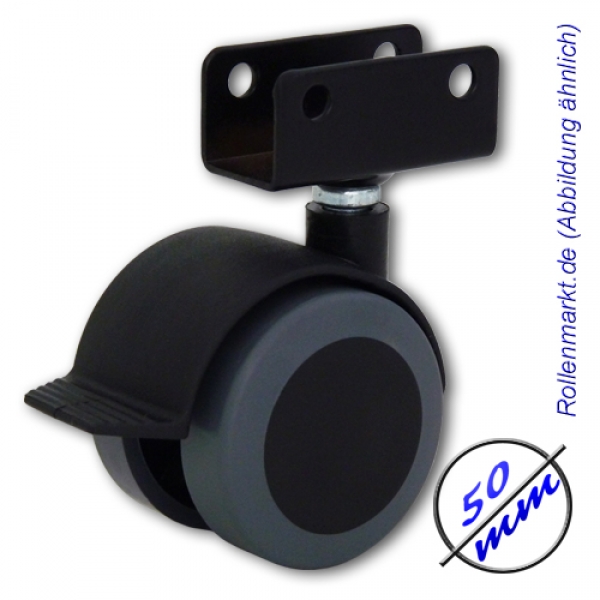 Möbelrolle mit weicher Lauffläche, Plattenschuhbefestigung und Radstopp, Schraublöcher seitlich