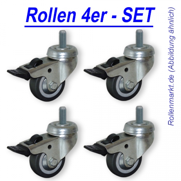 Rollen-Set: 4x Lenkrolle mit Feststeller, Rad 50mm, Gleitlager und Gewindebefestigung M8