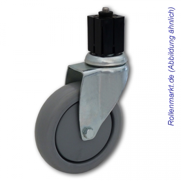Schwere Apparate-Lenkrolle mit grauem TP-Gummirad 125 mm und Befestigung für 4-Kant-Rohre