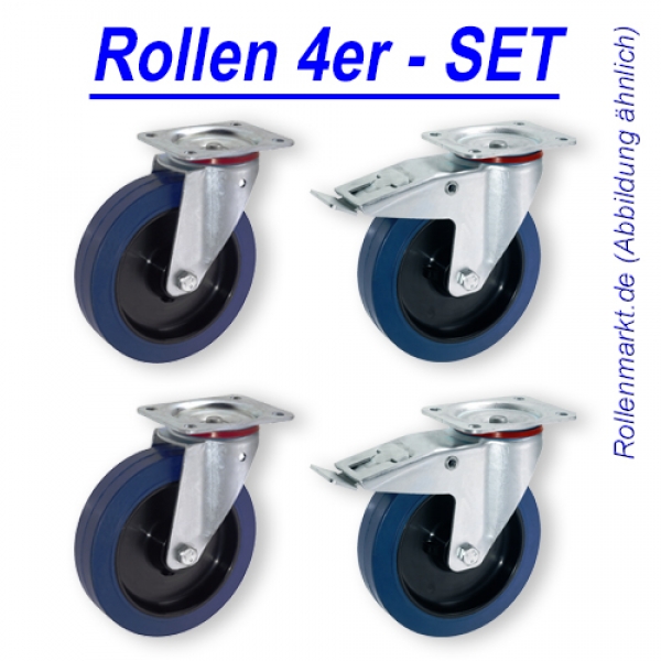 4 Stück 100 mm Blue Wheels Elastik Rad Rolle Lenkrolle Totalstop Rückenloch 1A 