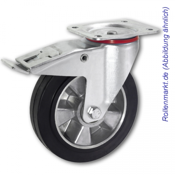 Transportgeräte-Lenkrolle mit Totalstopp, schwarzem Elastik-Vollgummirad 200 mm und Plattenbefestigung