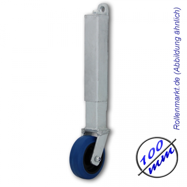 Tor-Stützrolle mit blauem Elastik-Vollgummirad, Kunststoff-Felge und gefedertem Stahlblechgehäuse