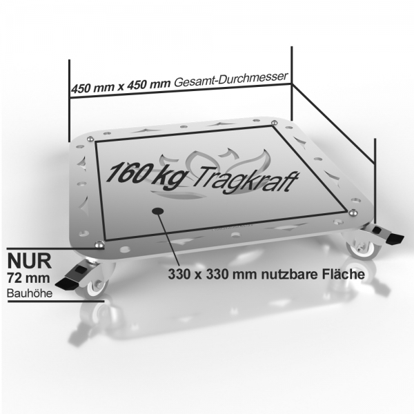 Design-Pflanzenroller, eckig 450 x 450 mm, Aluminiumplatte 5mm, Tragkraft 160 kg