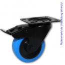 Lenkrolle mit Totalstopp, schwarzem Gehäuse, blauem Elastik-Vollgummirad 100 mm und Plattenbefestigung