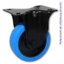 Bockrolle mit schwarzem Gehäuse, blauem Elastik-Vollgummirad 100 mm und Plattenbefestigung