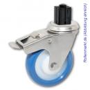 Edelstahl-Lenkrolle mit Totalstopp, blauem Polyurethanrad 80 mm und Befestigung für 4-Kant-Rohre