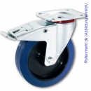 Transportgeräte-Lenkrolle mit Totalstopp, blauem Elastik-Vollgummirad 125 mm und Plattenbefestigung